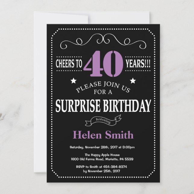 Surprise 40th Birthday Invitation Purple and Black (Front)