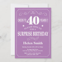 Surprise 40th Birthday Invitation Purple and White