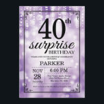 Surprise 40th Birthday Invitation Purple Glitter<br><div class="desc">Surprise 40th Birthday Invitation with Purple String Lights with Purple Glitter Background. Purple Birthday. Adult Birthday. Men or Women Bday Invite. 13th 15th 16th 18th 20th 21st 30th 40th 50th 60th 70th 80th 90th 100th, Any age. For further customisation, please click the "Customise it" button and use our design tool...</div>