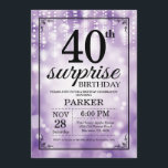 Surprise 40th Birthday Invitation Purple Glitter<br><div class="desc">Surprise 40th Birthday Invitation with Purple String Lights with Purple Glitter Background. Purple Birthday. Adult Birthday. Men or Women Bday Invite. 13th 15th 16th 18th 20th 21st 30th 40th 50th 60th 70th 80th 90th 100th, Any age. For further customisation, please click the "Customise it" button and use our design tool...</div>