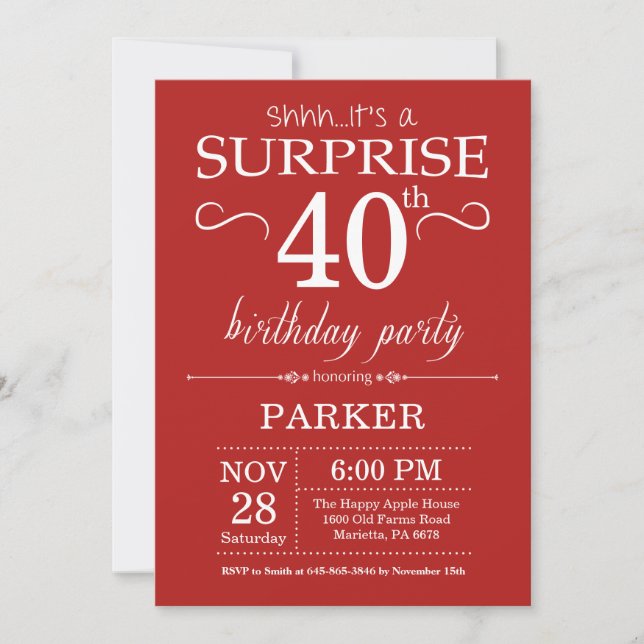Surprise 40th Birthday Invitation Red (Front)