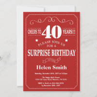 Surprise 40th Birthday Invitation Red and White