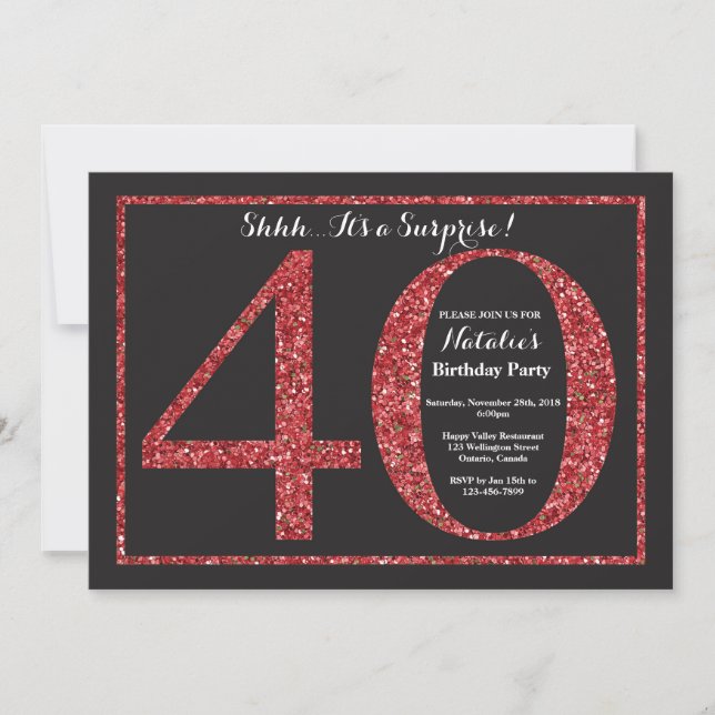Surprise 40th Birthday Invitation Red Glitter (Front)
