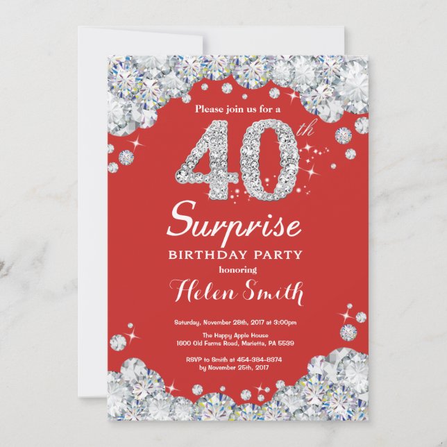 Surprise 40th Birthday Invitation Silver Diamond (Front)