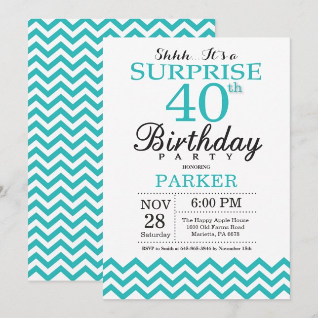 Surprise 40th Birthday Invitation Teal Chevron (Front/Back)
