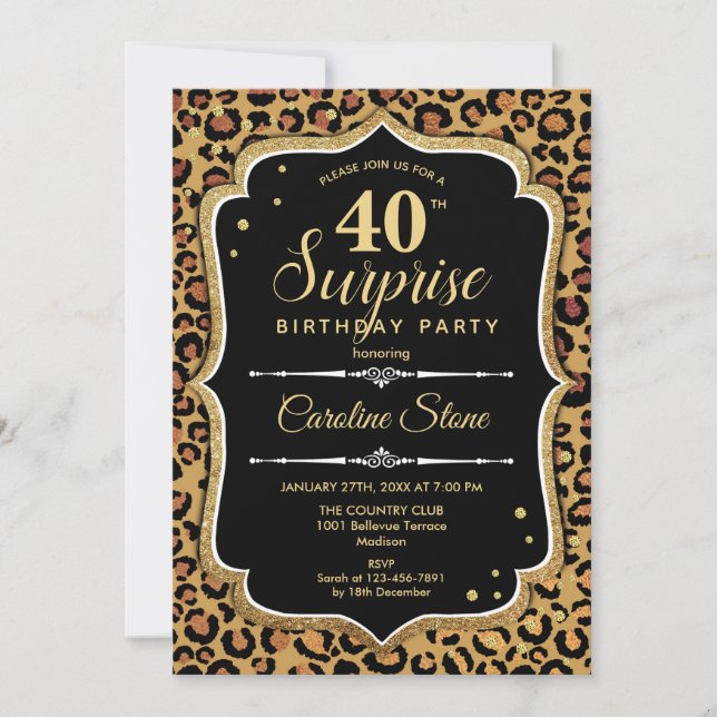 Surprise 40th Birthday -Leopard Black Gold Invitation (Front)