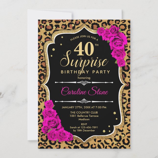 Surprise 40th Birthday -Leopard Black Gold Pink Invitation (Front)