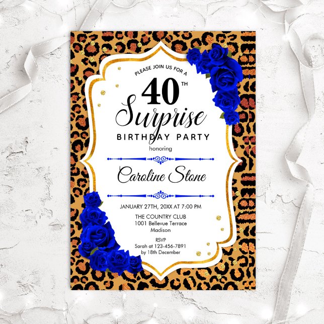 Surprise 40th Birthday - Leopard Gold Royal Blue Invitation (Creator Uploaded)