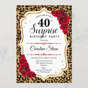Surprise 40th Birthday - Leopard Gold White Red Invitation