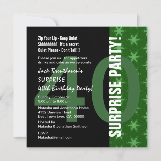 SURPRISE 40th Birthday Modern Green Stars G320 Invitation (Front)