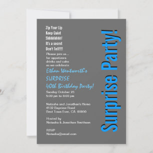SURPRISE 40th Birthday Modern Grey and Blue Invitation