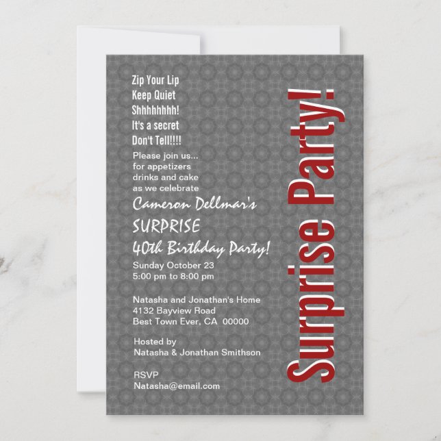 SURPRISE 40th Birthday Modern Grey and Red H431 Invitation (Front)