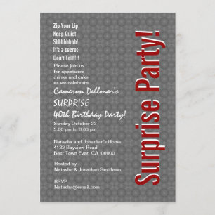 SURPRISE 40th Birthday Modern Grey and Red H431 Invitation