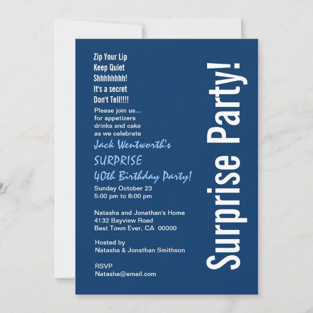 SURPRISE 40th Birthday Modern Navy Blue White Invitation (Front)