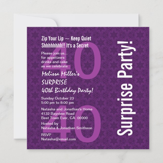 SURPRISE 40th Birthday Modern Purple White W1868 Invitation (Front)