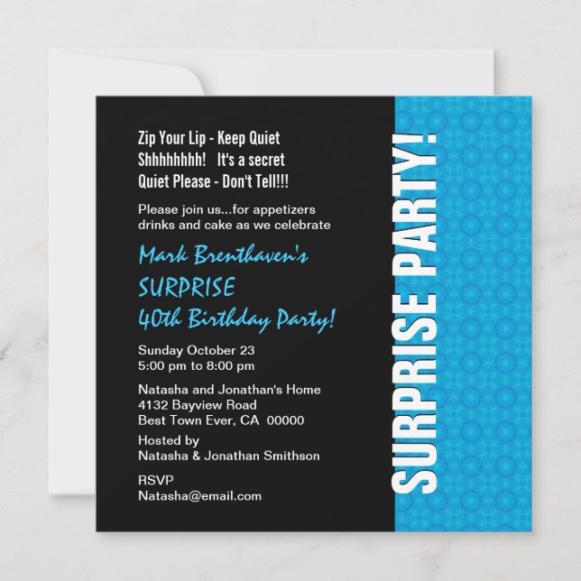 SURPRISE 40th Birthday Modern Turquoise Blue W1435 Invitation (Front)