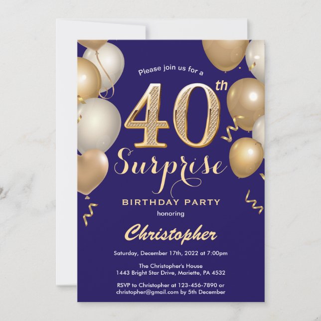 Surprise 40th Birthday Navy Blue and Gold Balloons Invitation (Front)