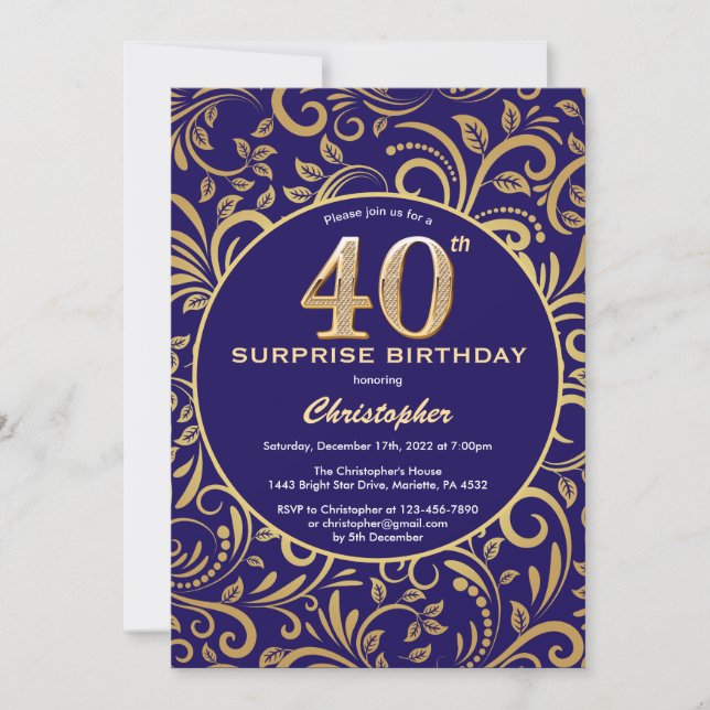 Surprise 40th Birthday Navy Blue and Gold Floral Invitation (Front)