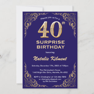 Surprise 40th Birthday Navy Blue and Gold Glitter Invitation