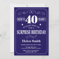 Surprise 40th Birthday Navy Blue and White