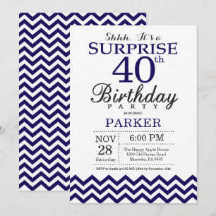 Surprise 40th Birthday Navy Blue Chevron Invitation