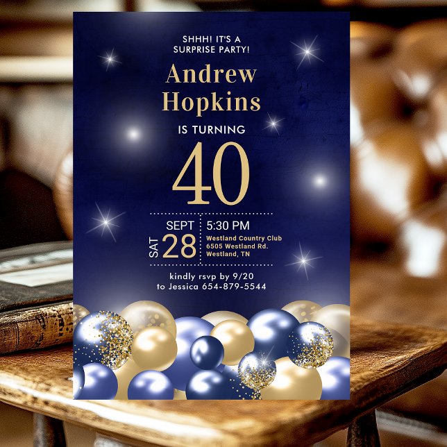 Surprise 40th Birthday Navy Blue Gold Balloons Invitation (Creator Uploaded)