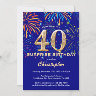 Surprise 40th Birthday Navy Blue & Gold Firework Invitation
