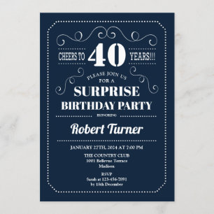 Surprise 40th Birthday - Navy Blue Invitation