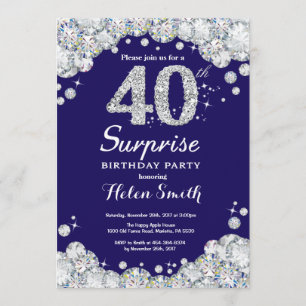 Surprise 40th Birthday Navy Blue Silver Diamond Invitation