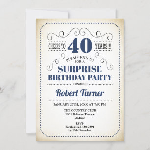 Surprise 40th Birthday - Navy Blue White Black Invitation