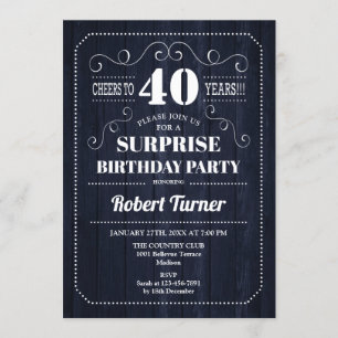 Surprise 40th Birthday - Navy Blue Wood Pattern Invitation