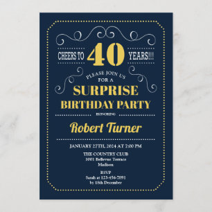 Surprise 40th Birthday - Navy Gold Invitation