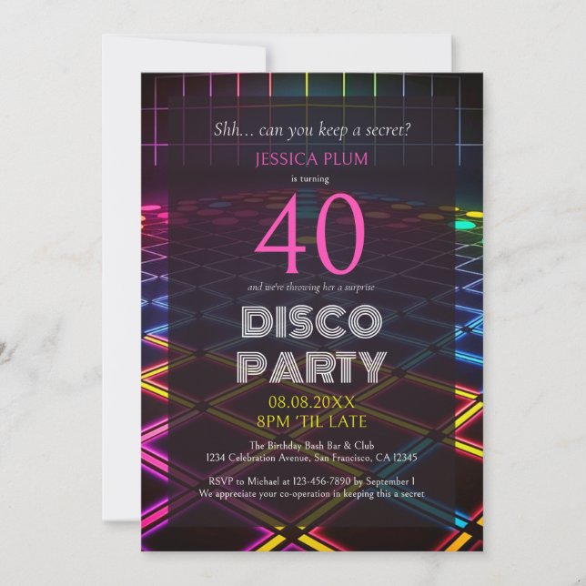 Surprise 40th Birthday Neon Disco Party Invitation (Front)