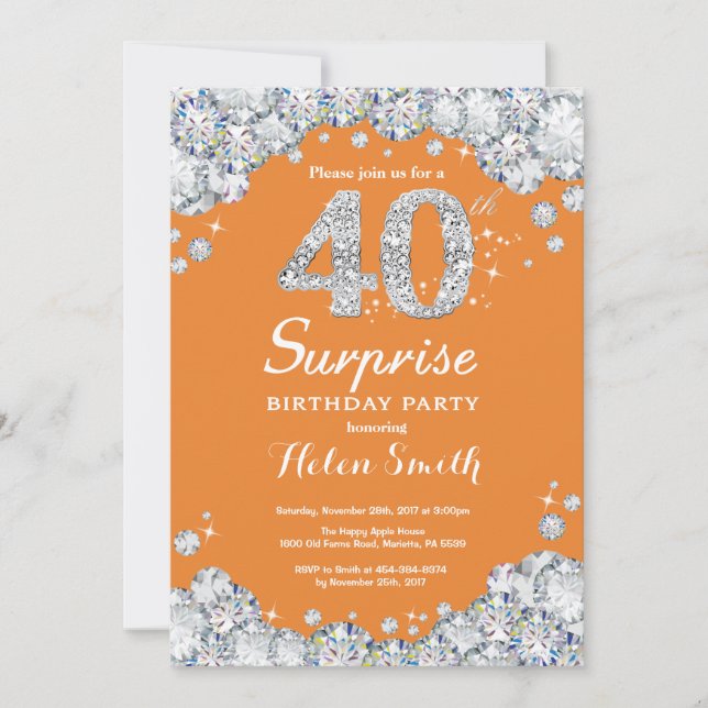Surprise 40th Birthday Orange and Silver Diamond Invitation (Front)