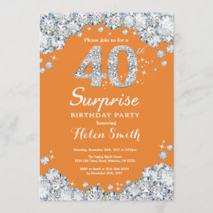 Surprise 40th Birthday Orange and Silver Diamond Invitation
