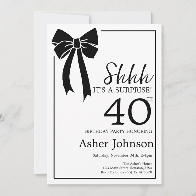 Surprise 40th Birthday Party Black Bow Coquette Invitation (Front)
