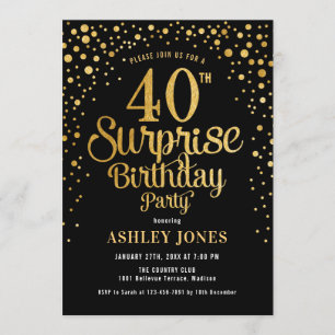 Surprise 40th Birthday Party - Black & Gold Invitation
