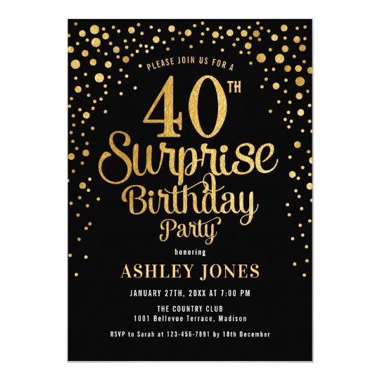Surprise 40th Birthday Party Black & Gold Invitation Zazzle.co.uk