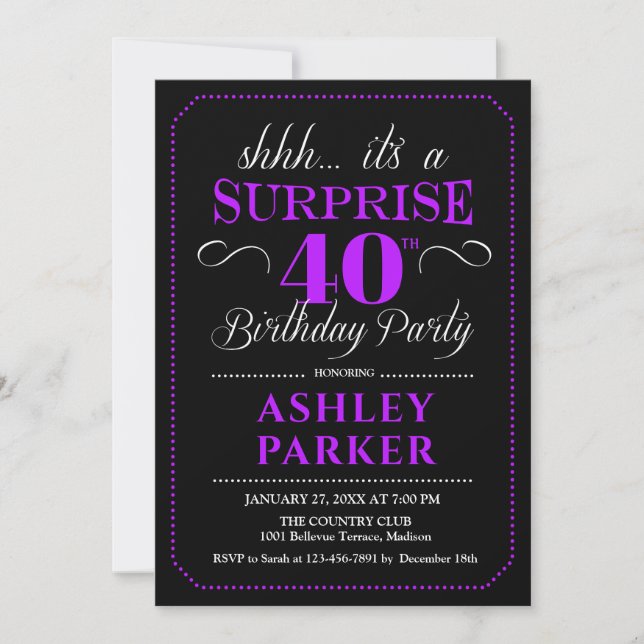 Surprise 40th Birthday Party - Black Purple Invitation (Front)