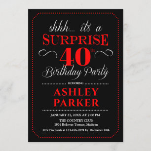 Surprise 40th Birthday Party - Black Red White Invitation