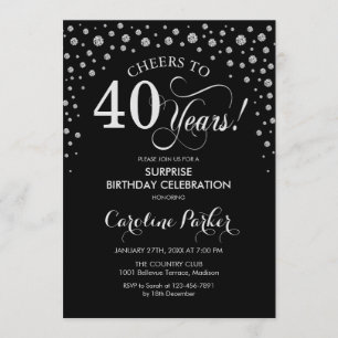 Surprise 40th Birthday Party - Black Silver Invitation