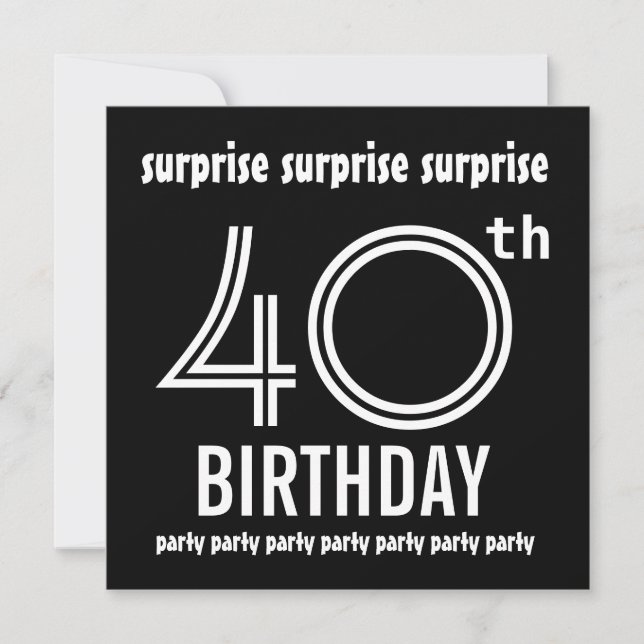 SURPRISE 40th Birthday Party Black White Template (Front)