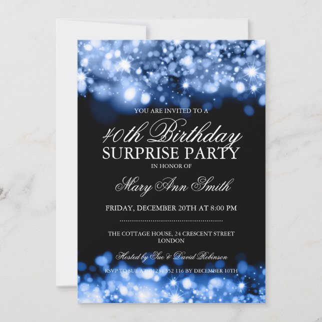 Surprise 40th Birthday Party Blue Sparkling Lights Invitation (Front)