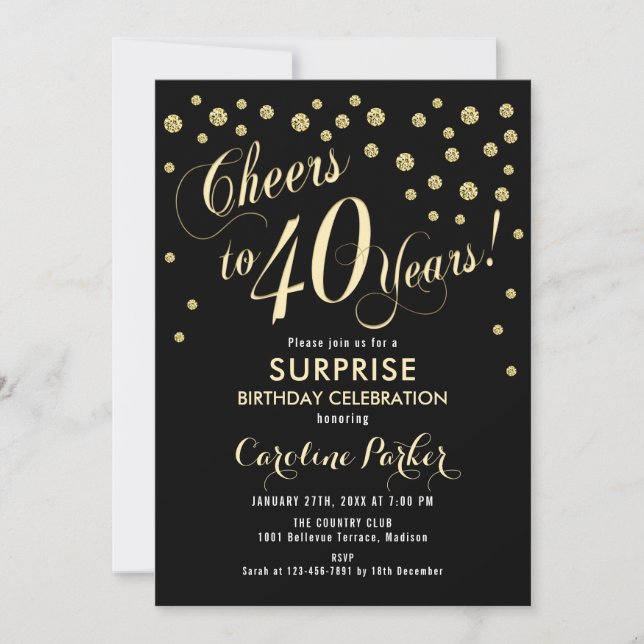 Surprise 40th Birthday Party - Gold Black Invitation (Front)