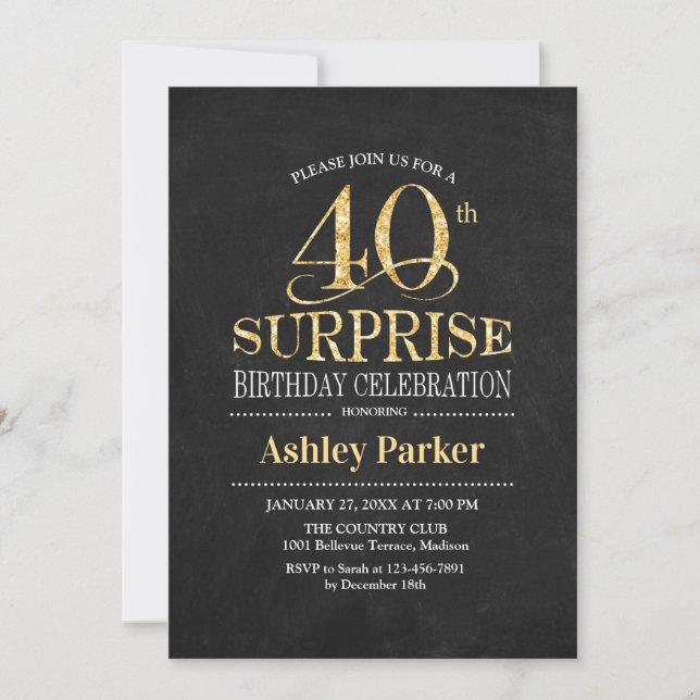 Surprise 40th Birthday Party - Gold Black Invitation (Front)