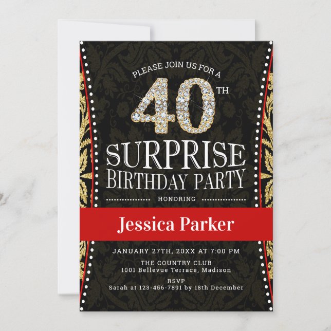 Surprise 40th Birthday Party - Gold Black Red Invitation (Front)