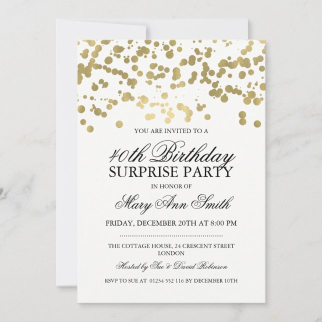 Surprise 40th Birthday Party Gold Foil Confetti Invitation (Front)