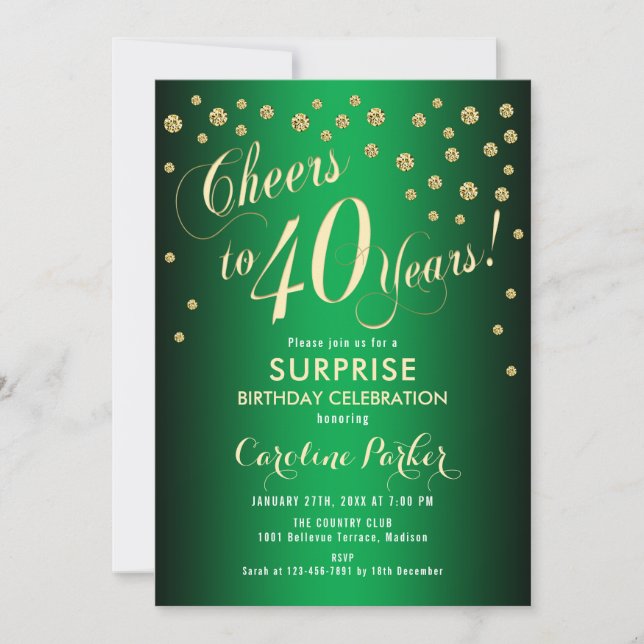 Surprise 40th Birthday Party - Gold Green Invitation (Front)
