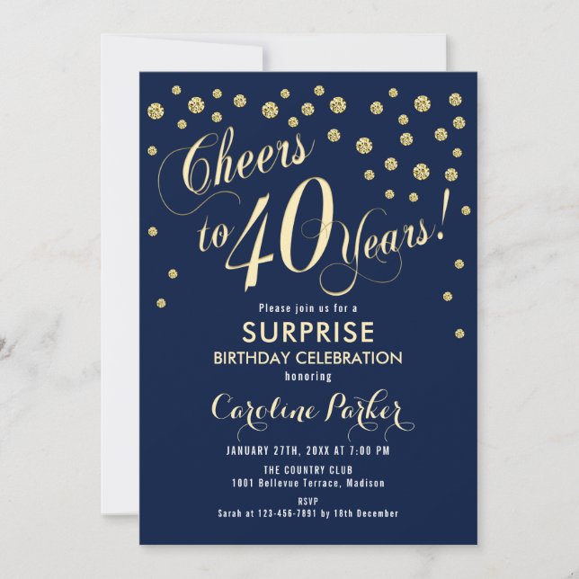 Surprise 40th Birthday Party - Gold Navy Invitation (Front)