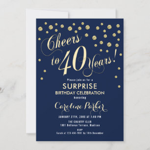 Surprise 40th Birthday Party - Gold Navy Invitation